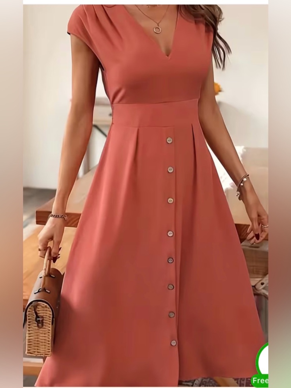 Temu V-Neck Button Waist Dress Medium - C19-033